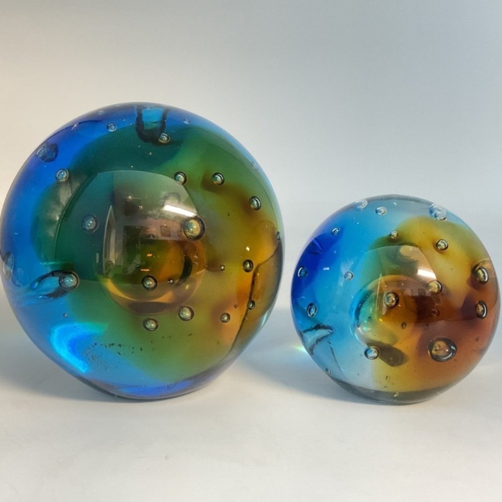 Paperweight Set Blue Amber Green Glass Collection Controlled Bubble Art Glass